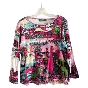 JANE ASHLEY Women’s Multicolor Beaded Long Sleeve Cotton Blouse Top Short-Size L